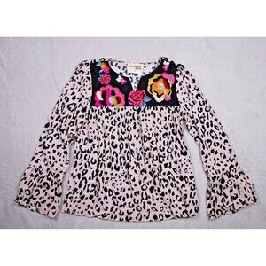 Savannah Jane Floral Embroidered Leopard Long Sleeve Peasant Top Size S